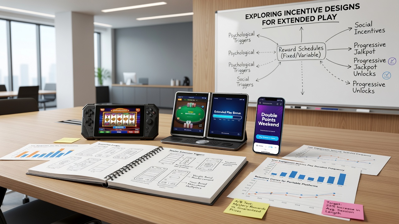 Analytics dashboard on a tablet showing player retention metrics and incentive performance data for mobile gambling sessions